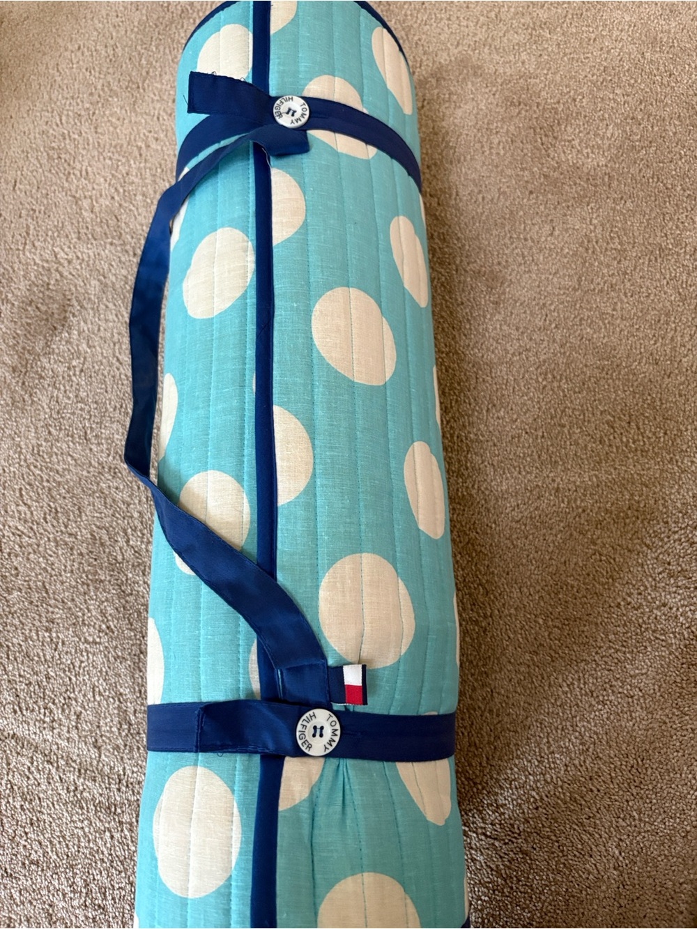 Polka Dot Beach/Yoga Mat Carrier - Aqua and White with Navy Trim includes Pillow